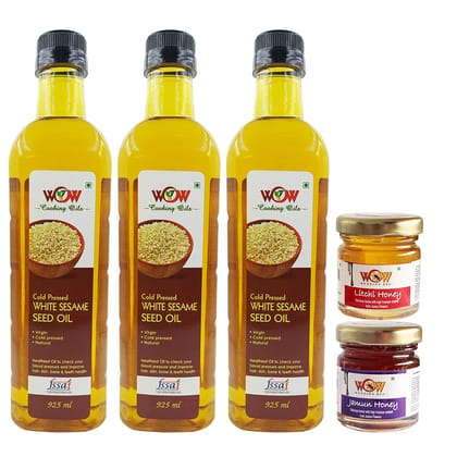 WOW Cooking Oils Virgin Cold Pressed White Sesame Seed Cooking Oil (925 Ml x 3) with Free ( 55 x 2 Varieties ) GMS Raw Honey