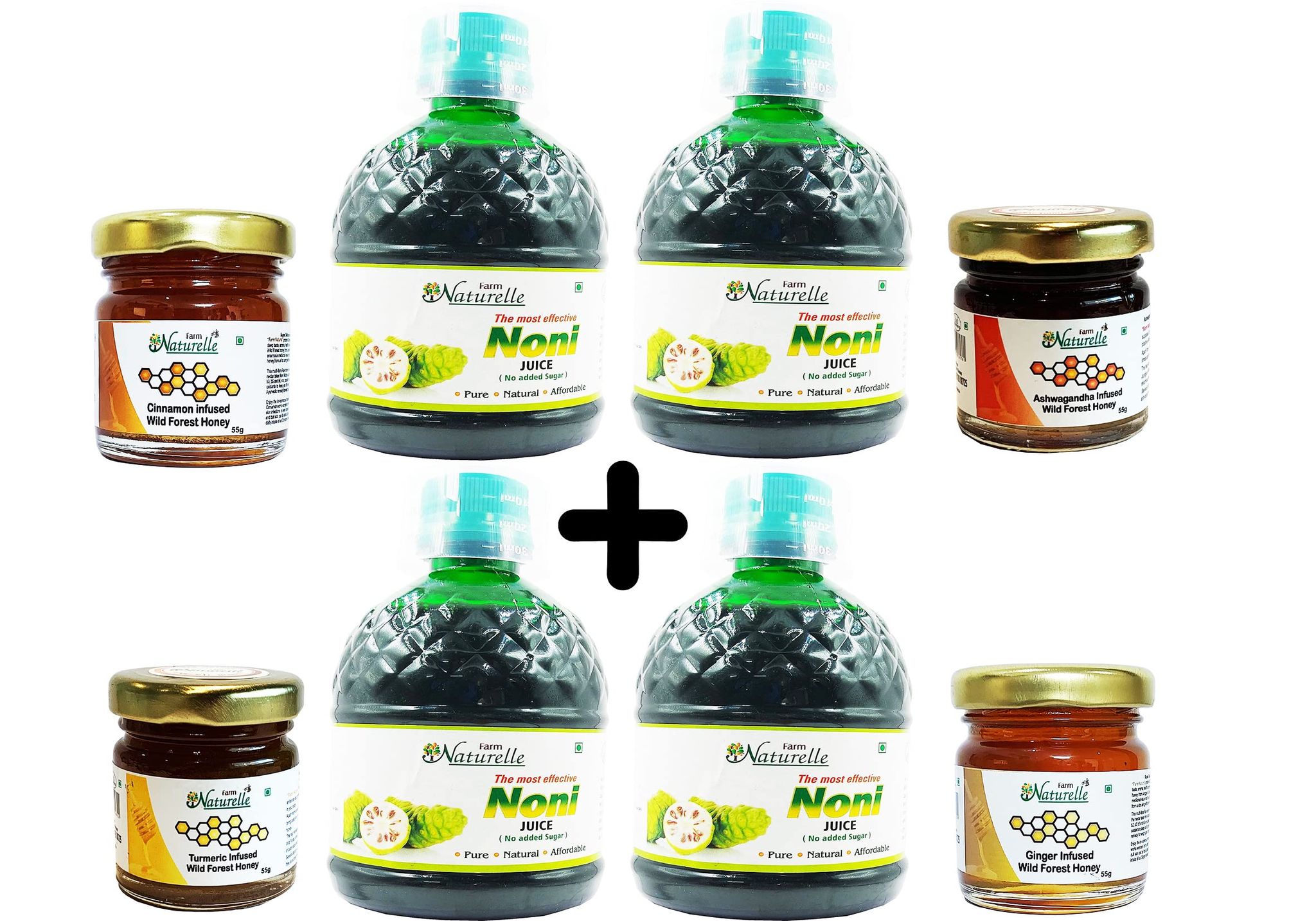 Farm Naturelle-Most Effective Noni Juice-Combination of Noni, Kukum(Garcinia) and Grapes Extract-Relief Against Joints Problem, Chest and Diabetes, 2+2 Free-4x400ml+ 4x55g Herbs Infused Forest Honey