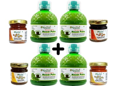 Farm Naturelle-Strongest Fresh Leaves Neem Juice-Immunity Booster & Detoxifier, Improves Skin & Hair Health-(2+2 Free)-4x400ml+ 55gx4 Herbs Infused Forest Honeys