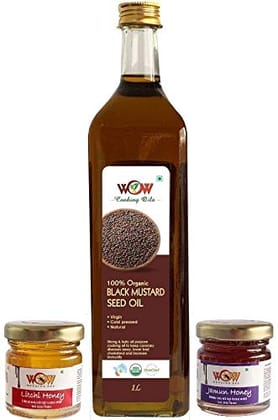 Wow Cooking - Organic Cold Pressed Black Mustard Oil in Glass bottle 1 Ltr | Mustard Oil for Cooking | Good for heart health | Pure Oil For Roasting, Frying, Baking All type of Cuisines