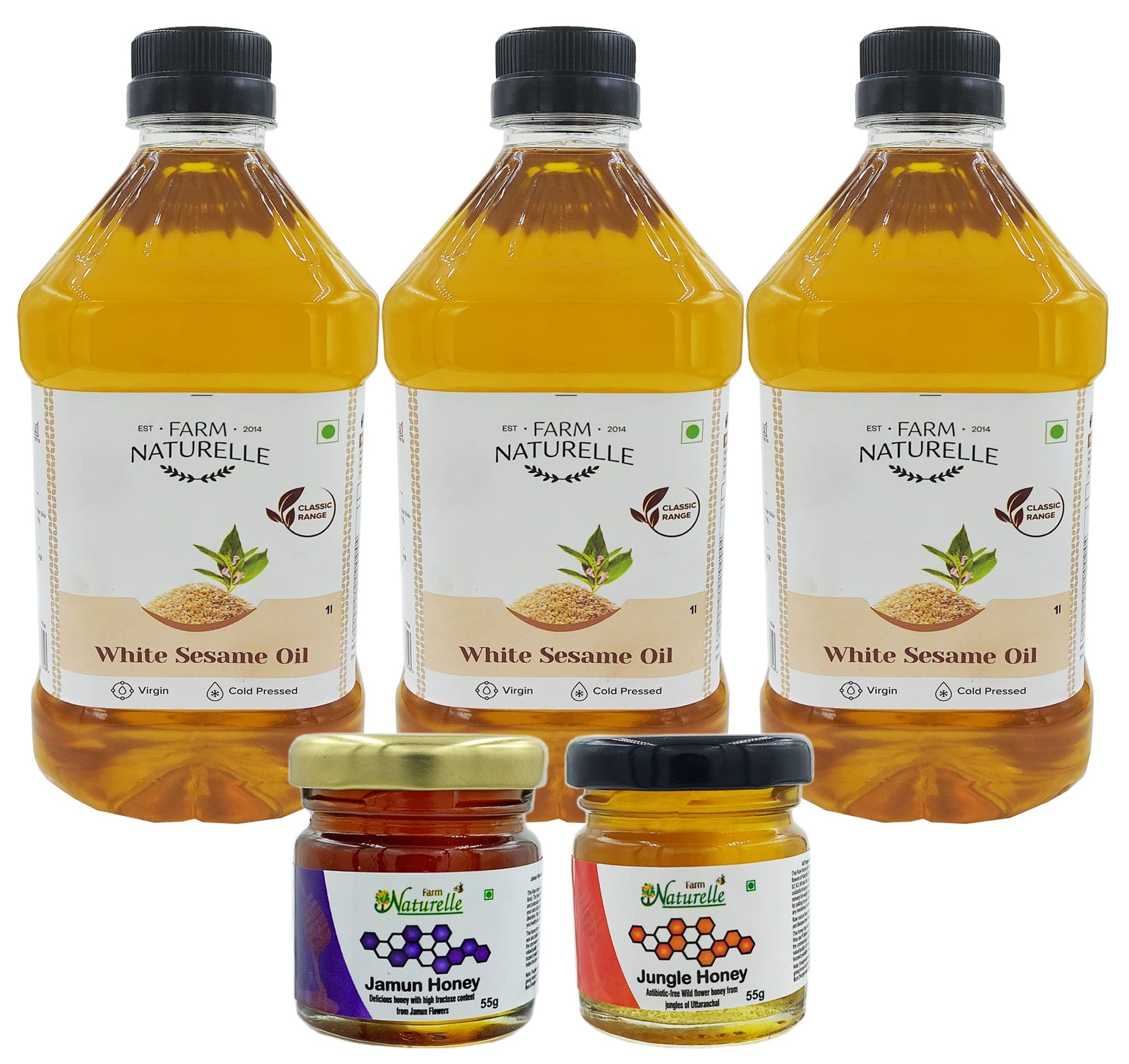 Farm Naturelle Finest Cold Pressed Virgin White Sesame Seeds Oil, 1Ltr.x 3 with Raw Honey 55gm X 2