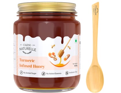 Farm Naturelle Healthy Pure Turmeric Infused 850+150g Extra |100% Pure Honey| Raw & Unfiltered|Unprocessed|Lab Tested Honey In Glass Jar with Engraved Virgin Wooden Spoon