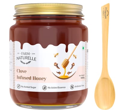 Farm Naturelle-Real Clove Infused Wild Forest Honey |850gm+150gm Extra and a Wooden Spoon| 100% Pure, Raw Natural - Un-Processed - Un-Heated Honey | Lab Tested Clove Honey in Glass Bottle.