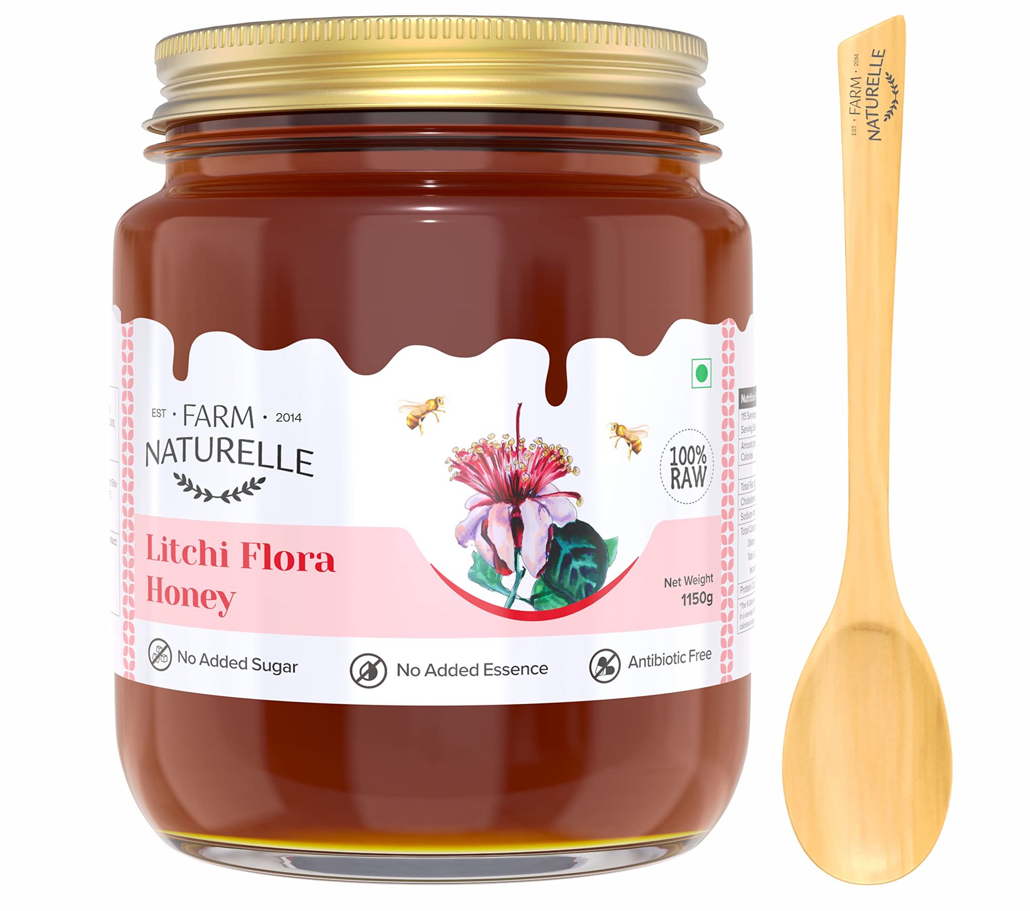 Farm Naturelle-Litchi Flower Wild Forest Honey|1000g+150gm Extra and a Wooden Spoon| 100% Pure Raw Natural Honey | Natural Unprocessed Original Honey , Un-Heated Honey | Lab Tested Honey | Glass Bottle.