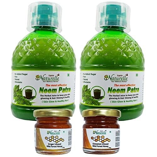 Farm Naturelle-Strongest Fresh Leaves Neem Juice-Immunity Booster & Detoxifier, Improves Skin & Hair health-2x400ml+ 55gx2 Herbs Infused Forest Honey.