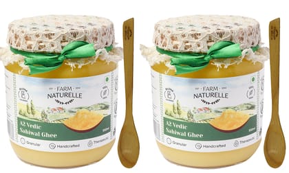 Farm Naturelle-A2 Desi Cow Ghee from Grass Fed Sahiwal Cows,Vedic Bilona method-Curd Churned-Golden, Grainy & Aromatic, Keto Friendly, NON-GMO, Lab tested, Glass Jar-(500ml+50ml Extra+Wooden Spoons.) x 2 Sets