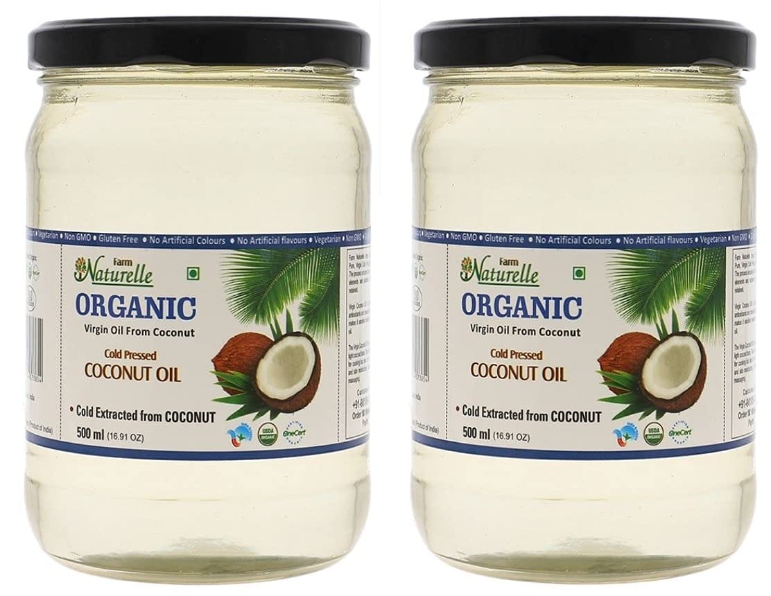 Farm Naturelle 100 % Pure Organic Virgin Cold Pressed Coconut Cooking Oil -500 ml x2 (Glass Bottles )