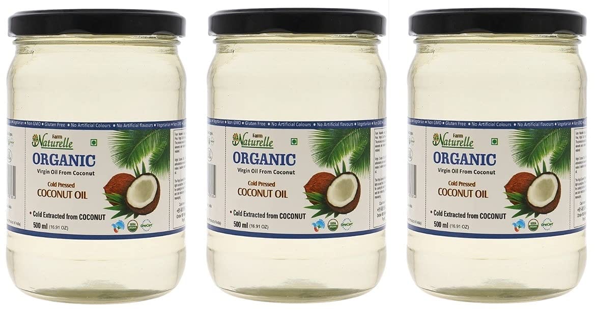 Farm Naturelle 100 % Pure Organic Virgin Cold Pressed Coconut Cooking Oil - 500ml x3 (Glass Bottles )