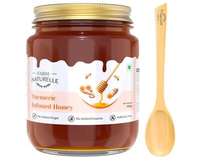 Farm Naturelle - Pure Turmeric Infused in Forest Honey |1kg+150gm Extra and a Wooden Spoon| Raw Unprocessed Delicious and Ant-oxidant Honey | 100% Pure & Natural Ingredients Honey.