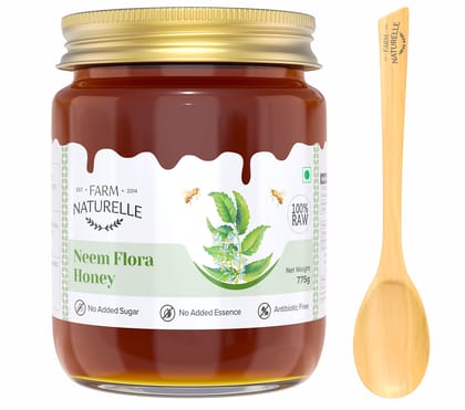 Farm Naturelle Neem Forest Flower Wild Honey 700g + 75gm |100% Pure Honey | Raw & Unfiltered|Unprocessed|Lab Tested Honey In Glass Jar with Engraved Virgin Wooden Spoon