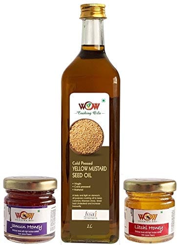 WOW Cooking Oils Certified Virgin Cold Pressed Yellow Mustard Seed Cooking Oil 1000 ml ( 1 LTR -Glass Bottle ) with Free 2 Verieties Raw Forest Honey