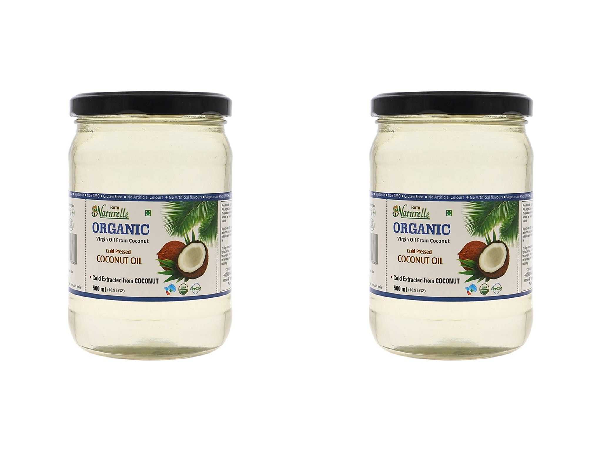 Farm Naturelle 100 % Pure Organic Virgin Cold Pressed Coconut Cooking Oil - 500ml x2 (Glass Bottles )