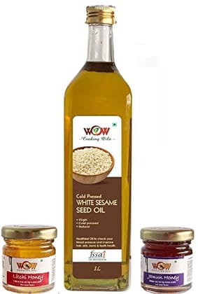 WOW Cooking Oils Certified Virgin Cold Pressed White Sesame Seeds Cooking Oil 1000 ml ( 1 LTR -Glass Bottle ) with Free 2 Varieties Raw Forest Honey