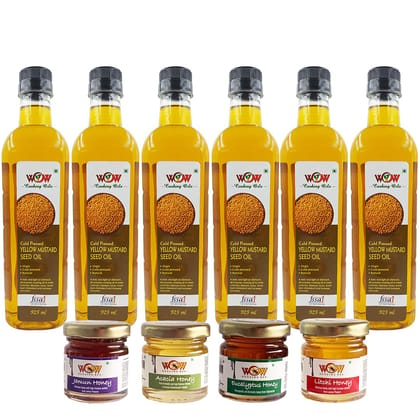 WOW Cooking Oils Virgin Cold Pressed Yellow Mustard Seed Cooking Oil (925 Ml x 6) with Free (55 GMS x 4 Varieties) Raw Honey