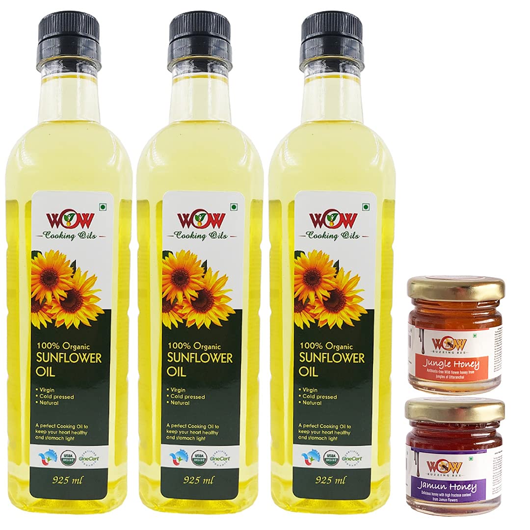 WOW Cooking Oils Certified Organic Virgin Cold Pressed Sunflower Cooking Oil (925 Ml x 3) with Free ( 55 x 2 Varieties ) GMS Raw Honey