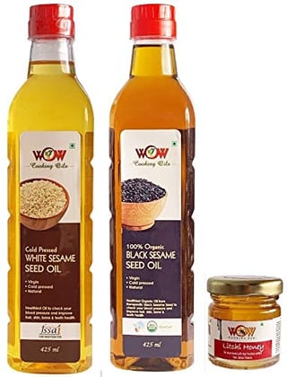 WOW Cooking Oils Certified Cold Pressed Virgin Black Sesame Seed Oil & White Sesame Seeds Cooking Oil- 425 ml x 2 Combo with Free 55 GMS Raw Jamun Forest Honey