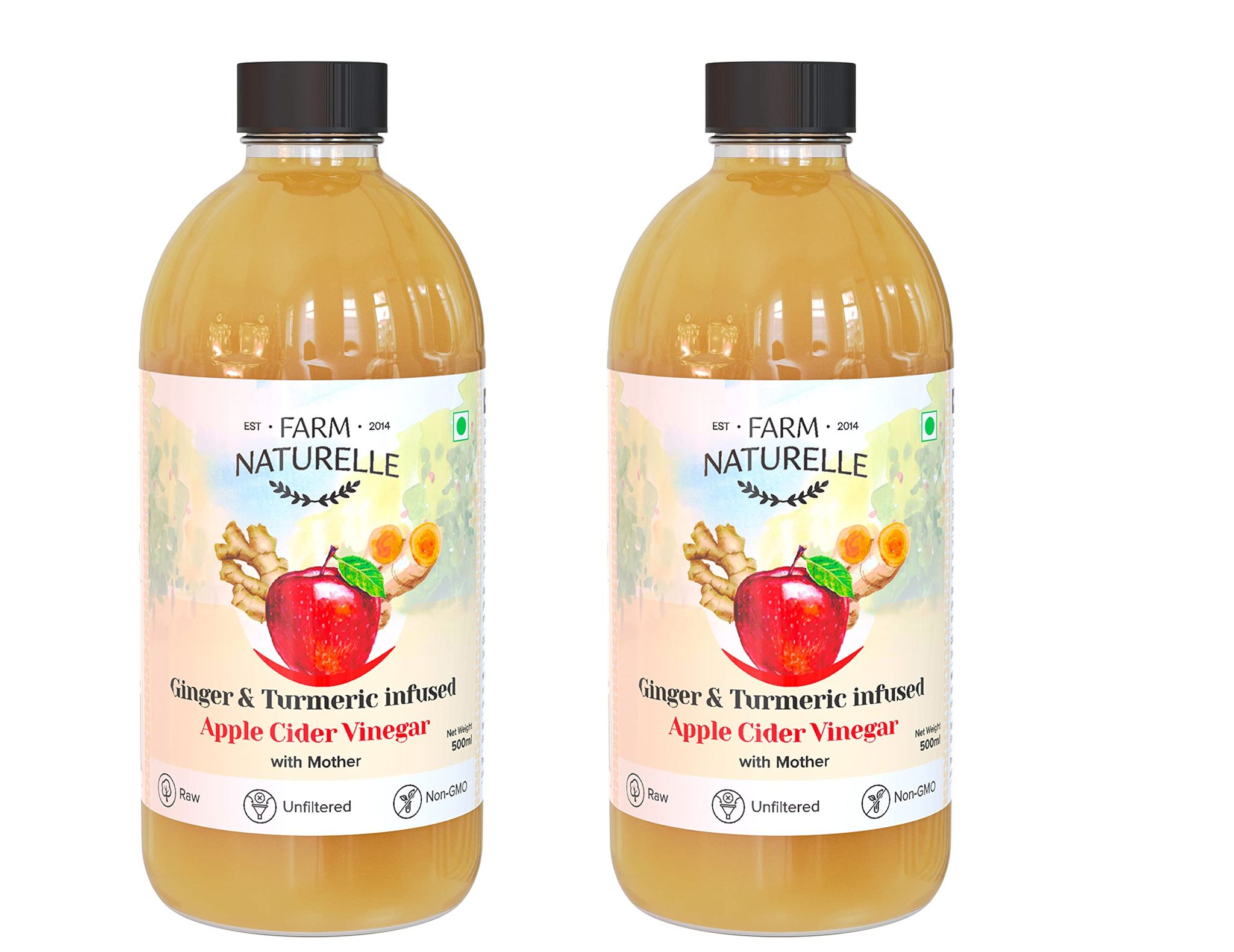 Farm Naturelle Organic Apple Cider Vinegar with Mother and Apple Cider Infused Ginger and Turmeric (500 ml x 2 ) Pack of 2