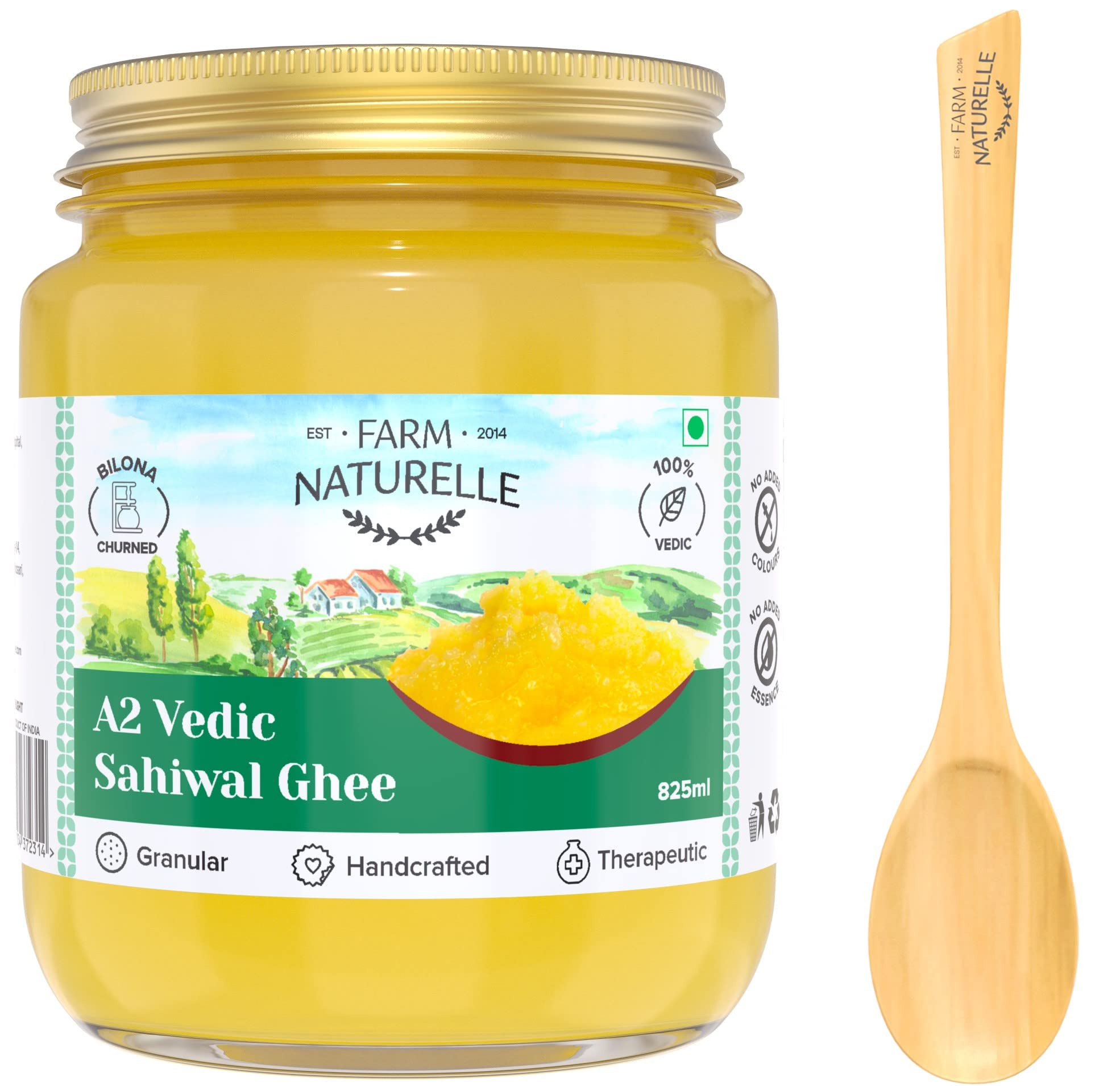 Farm Naturelle-A2 Desi Cow Ghee from Grass Fed Sahiwal Cows,Vedic Bilona method-Curd Churned-Golden, Grainy & Aromatic, Keto Friendly, NON-GMO, Lab tested, Glass Jar- 750ml+75ml Extra and a Wooden Spoon.