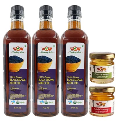 WOW Cooking Oils Certified Organic Virgin Cold Pressed Black Sesame Seed Cooking Oil (925 Ml x 3) with Free ( 55 x 2 Varieties ) GMS Raw Honey