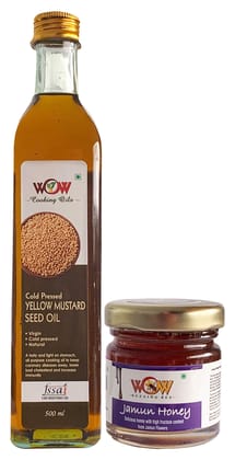 WOW Cooking Oils Certified Virgin Cold Pressed Yellow Mustard Seed Cooking Oil 500 ml - Glass Bottle with Free Raw Forest Honey