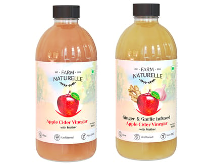 Farm Naturelle Organic Apple Cider Vinegar with Mother and Apple Cider Infused Ginger and Garlic (500 ml x 2 ) Pack of 2