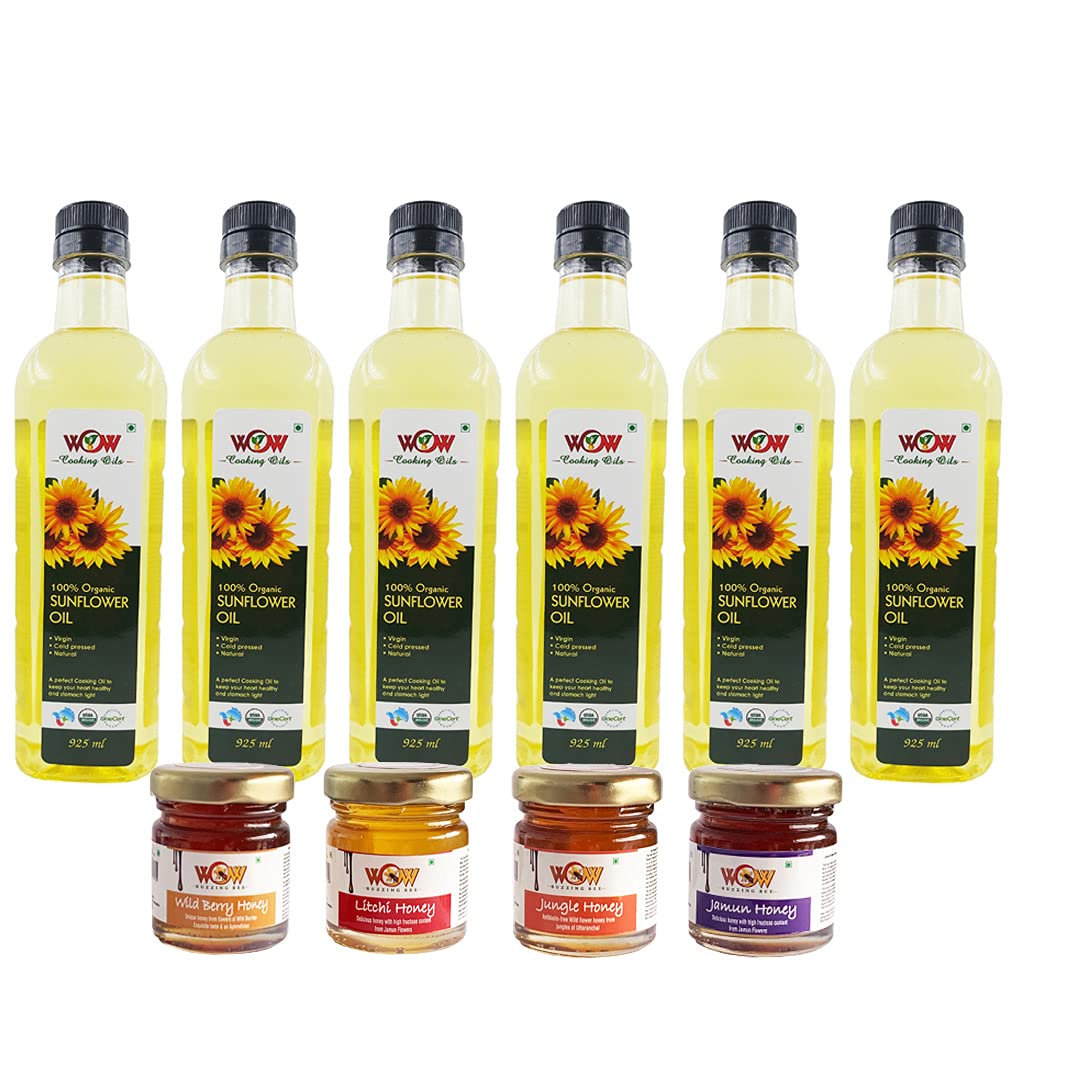 WOW Cooking Oils Certified Organic Virgin Cold Pressed Sun Flower (Sunflower) Cooking Oil (925 Ml x 6) with Free (55 GMS x 4 Varieties) Raw Honey