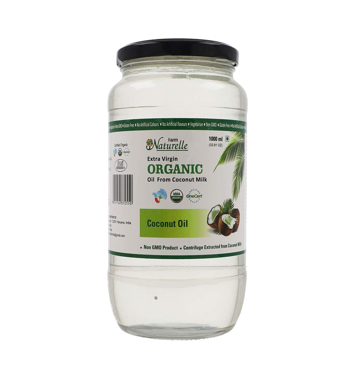 Farm Naturelle -100 % Pure Organic Extra-Virgin Cold Pressed Coconut Oil (Glass Bottle - 1000 ml)