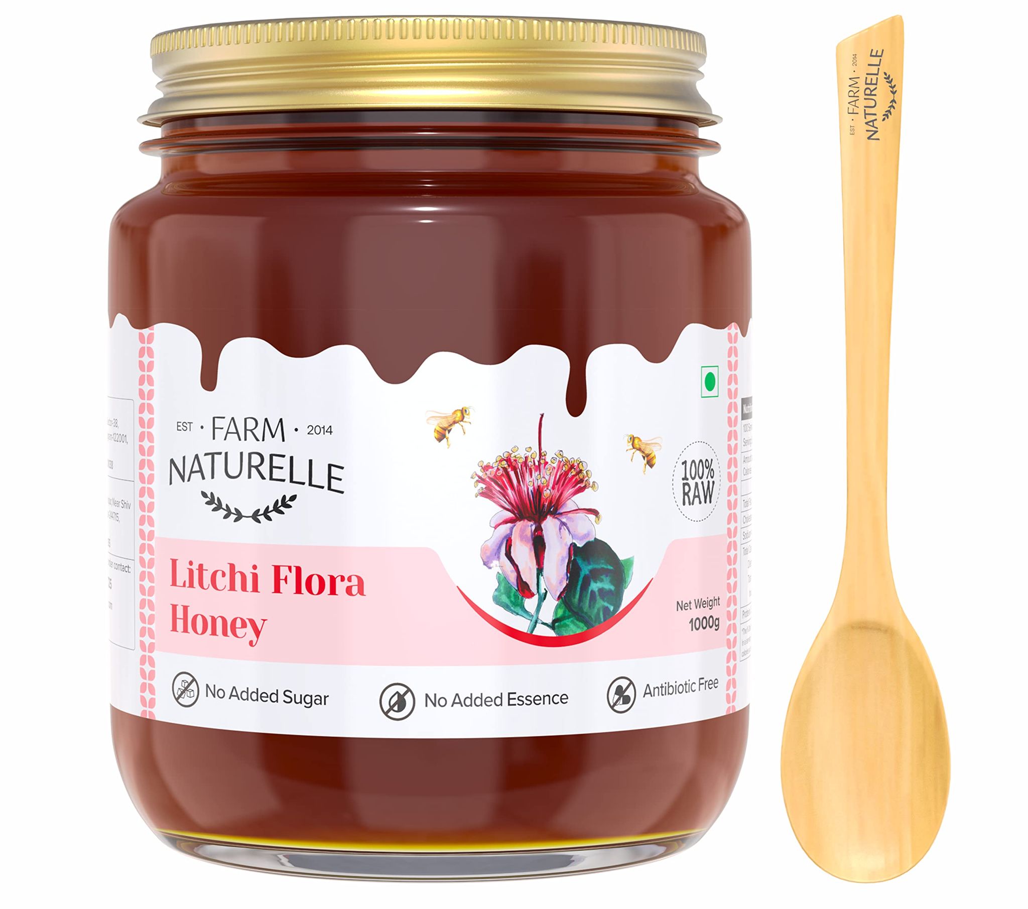 Farm Naturelle-Litchi Flower Wild Forest Honey| 850g+150gm Extra and a Wooden Spoon|100% Pure Raw Natural Honey | Natural Unprocessed Original Honey , Un-Heated Honey | Lab Tested Honey | Glass Bottle.