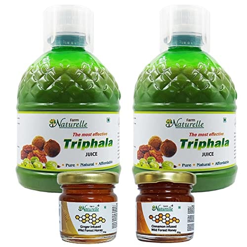 Farm Naturelle-Strongest Ayurvedic Triphala Juice-Improved Digestion-Herbal Laxative-2x400ml+ 55gx2 Herbs Infused Forest Honeys