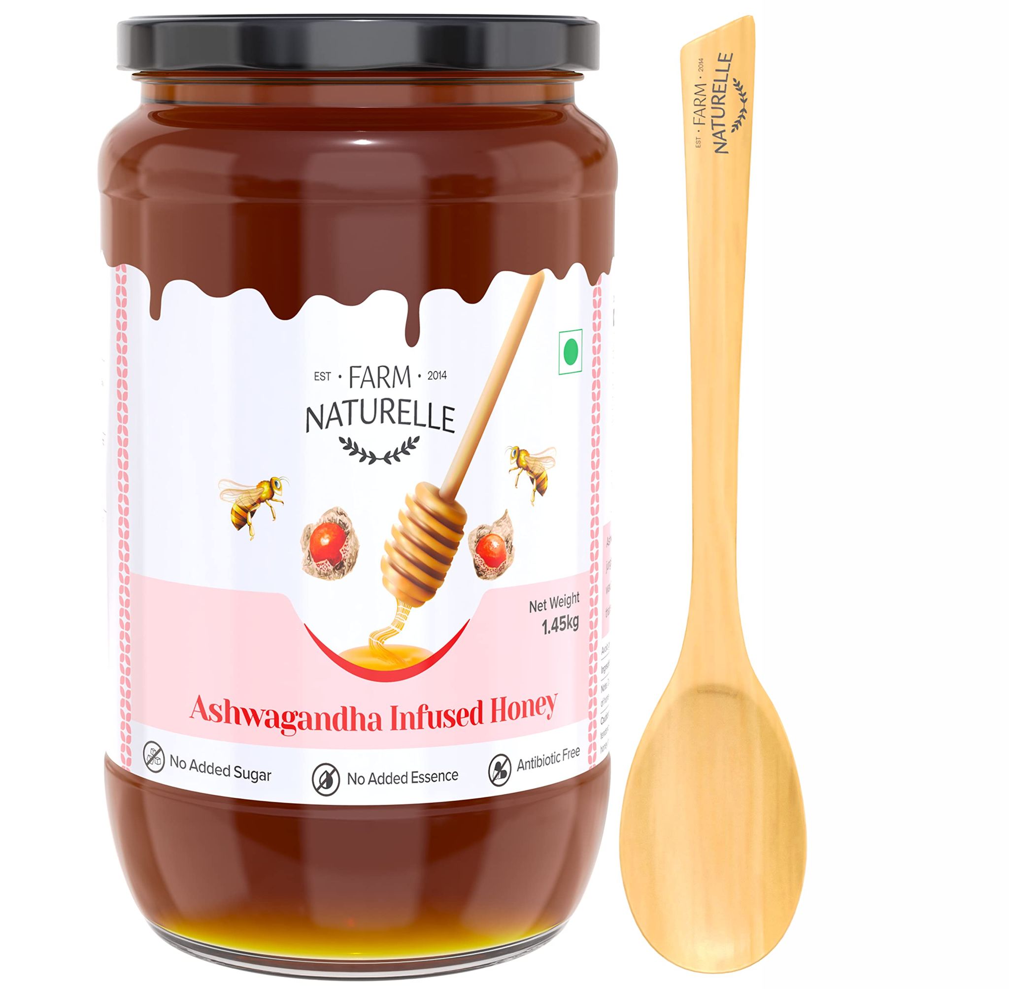 Farm Naturelle-Pure Raw Delicious and Immunity Booster Real Ashwagandha Infused Forest Honey,Immense Medicinal Value Naturally-1.45kg and a Wooden Spoon.