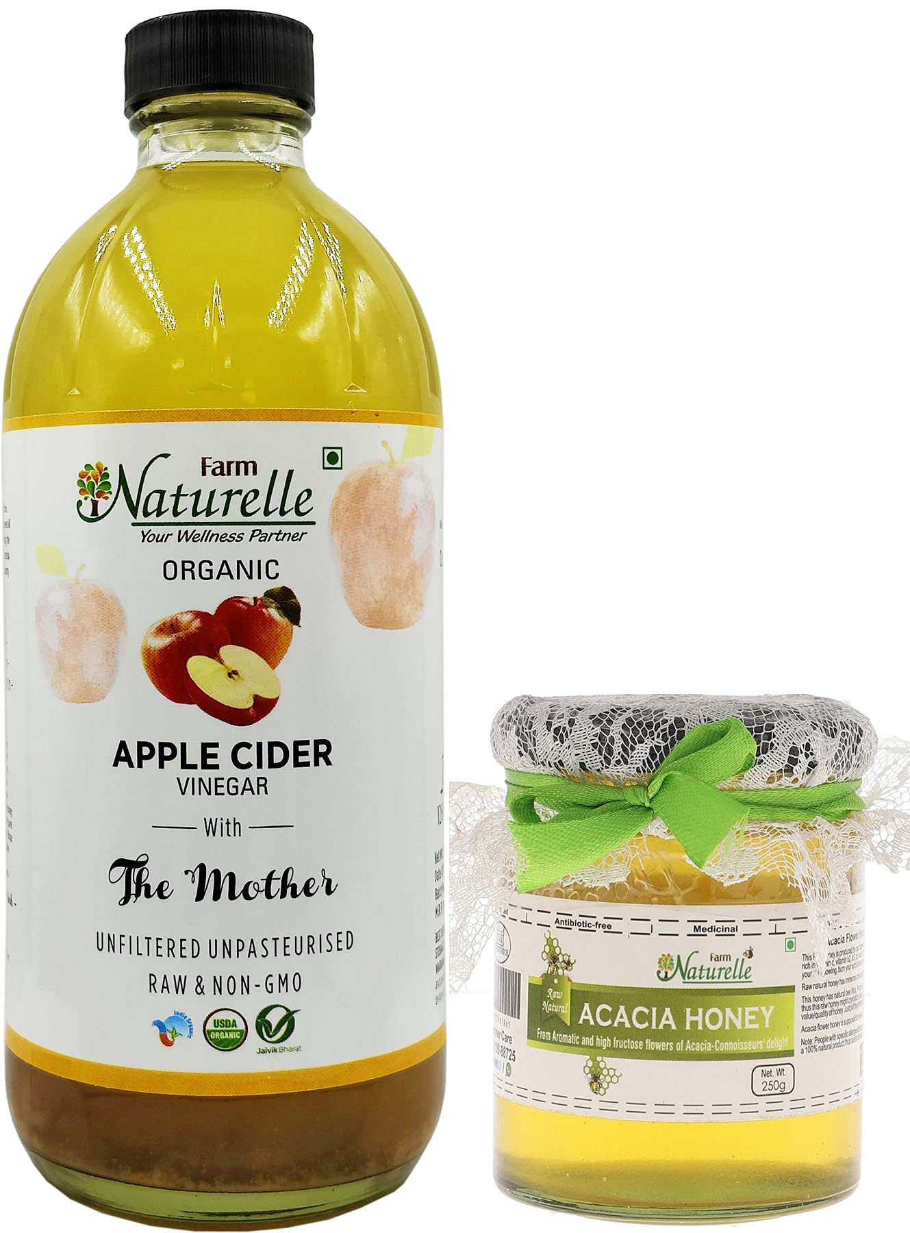 Farm Naturelle Glass Bottle Organic Apple Cider Vinegar with Mother-500 ml Along with Raw Acacia Forest Honey 250 g