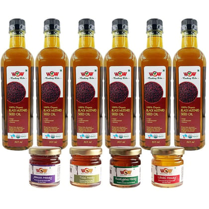 Wow Cooking - Organic Cold Pressed Black Mustard Oil (925 Ml x 6) with (55 Gm x 4 Varieties) Raw Honey| Mustard Oil for Cooking | Good for heart health | Pure Oil For Roasting, Frying, Baking All type of Cuisines