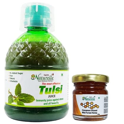 Farm Naturelle-Strongest Ayurvedic Tulsi Juice-Improves Immunity & Heart Health, Reduces Stress, Anxiety & Fever -400ml+ 55g Cinnamon Infused Forest Honey