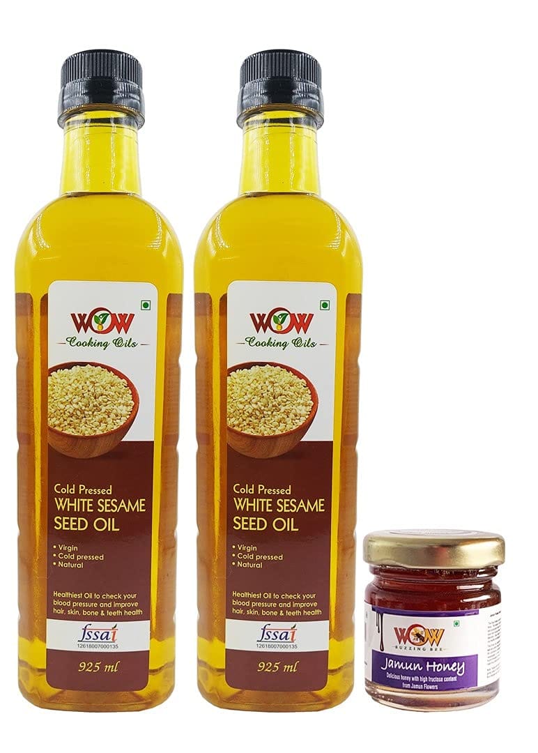 WOW Cooking Oils Certified Virgin Cold Pressed White Sesame Seeds Cooking Oil 925 ml x 2 Combo ( 1850 ml ) with Free Raw Forest Honey