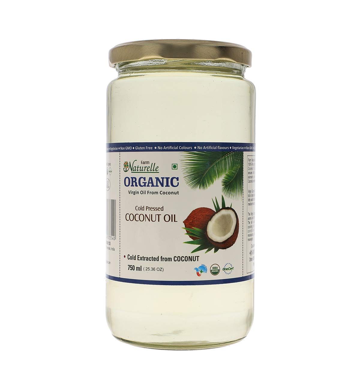 Farm Naturelle 100 % Pure Organic Virgin Cold Pressed Coconut Cooking Oil -750 ml (Big Glass Bottles )