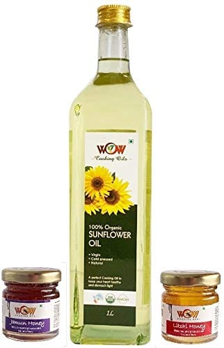 WOW Cooking Oils Certified Organic Virgin Cold Pressed Sunflower Cooking Oil 1000 ml (1 LTR -Glass Bottle) with Free 2 Varieties of Raw Forest Honey (2x55g)