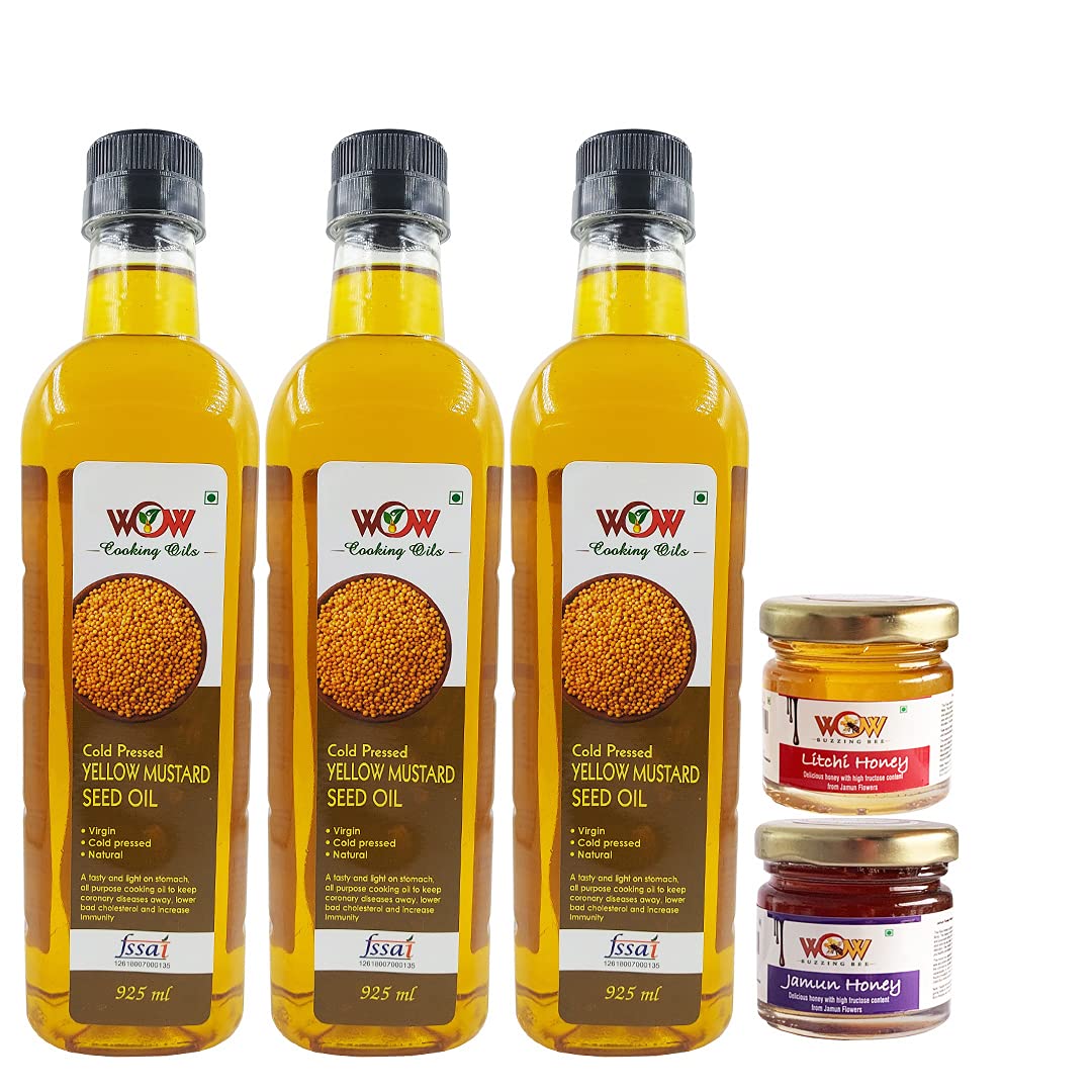 WOW Cooking Oils Certified Virgin Cold Pressed Yellow Mustard Seed Cooking Oil 925 ml x 3 Combo ( 2775 ml ) with Free 2 Varieties Raw Forest Honey