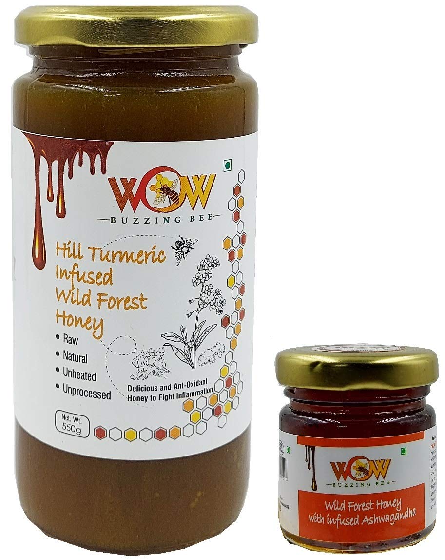 WOW BUZZING BEE - Raw Unprocessed Real Infused Natural Forest Flower Honey 100% Natural Delicious and Ant-oxidant Honey to Fight Inflammation (Turmeric 550 grm ) and ( Turmeric 55g)