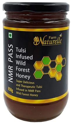 Farm Naturelle Tulsi Forest Flower Wild Honey 850gm|NMR Tested|100% Pure Honey | Raw & Unfiltered|Unprocessed|Lab Tested Honey In Glass Jar with Engraved Virgin Wooden Spoon