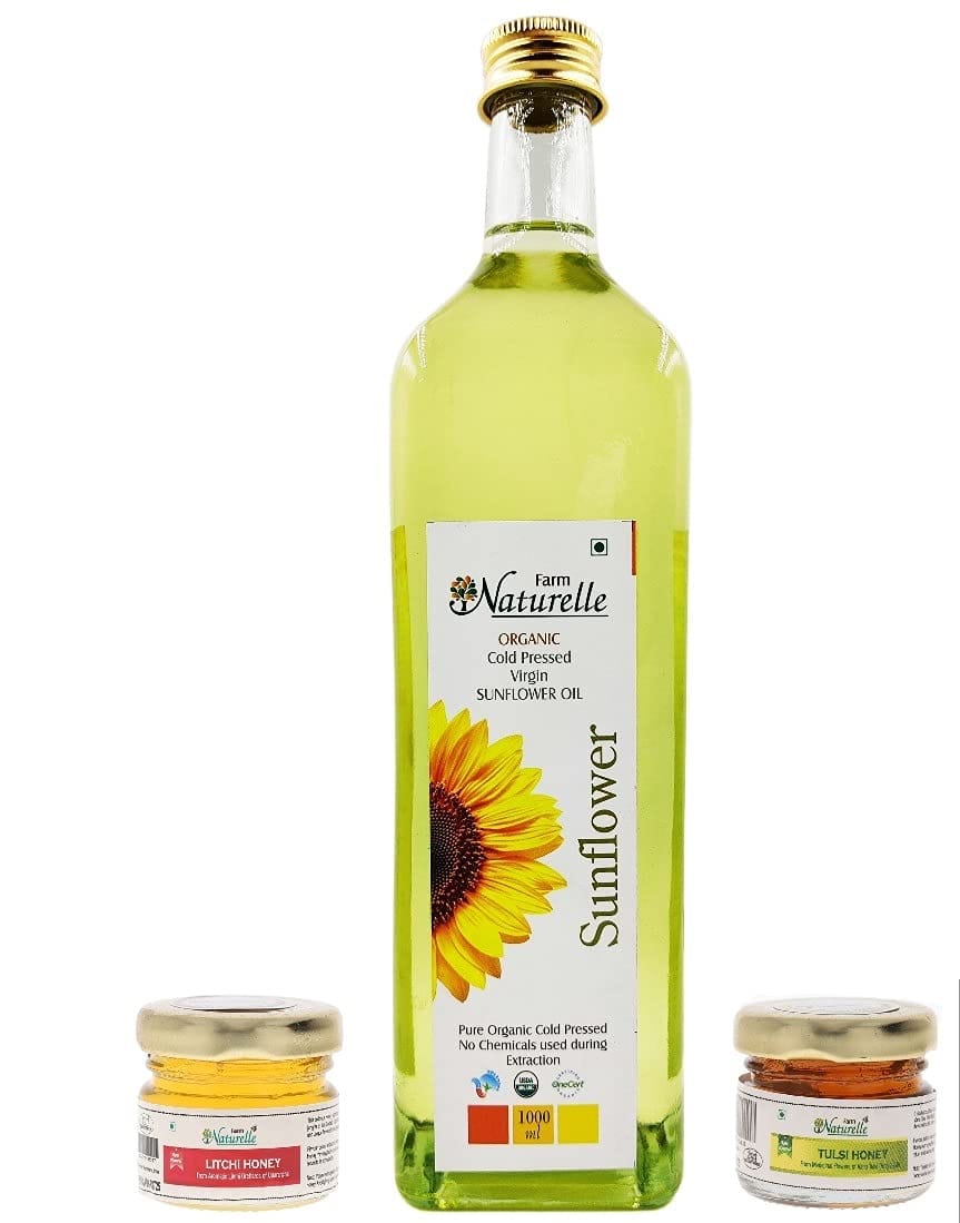 Farm Naturelle (Glass Bottles) Virgin Cold Pressed Cooking Oil-Sunflower Oil (1000ML) 55g Honey