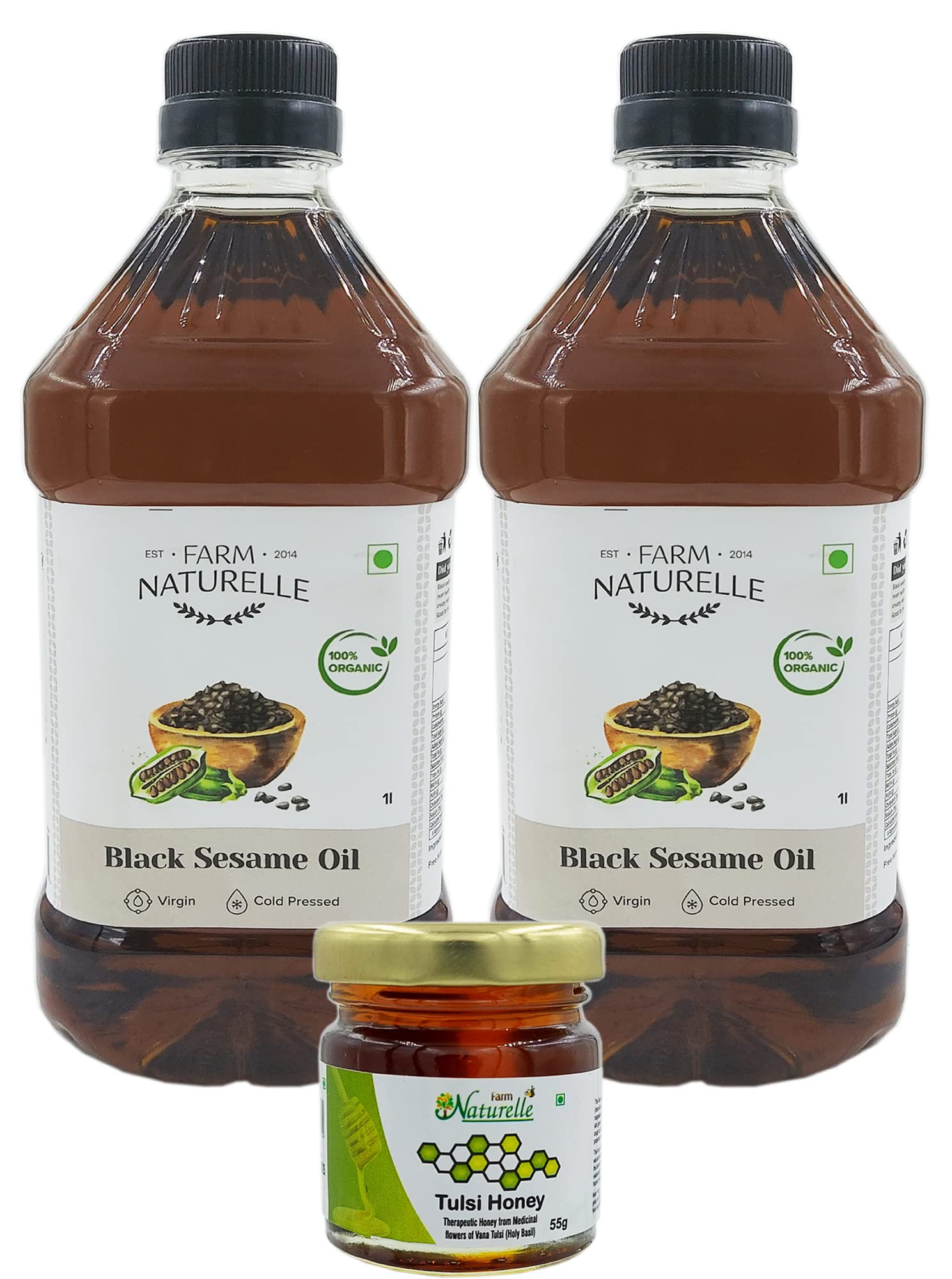 Farm Naturelle 100% Pure Cold Pressed Organic Black Sesame Seed Oil-The Finest-Organic Oil Free Raw Forest Honey (1 L x 2)