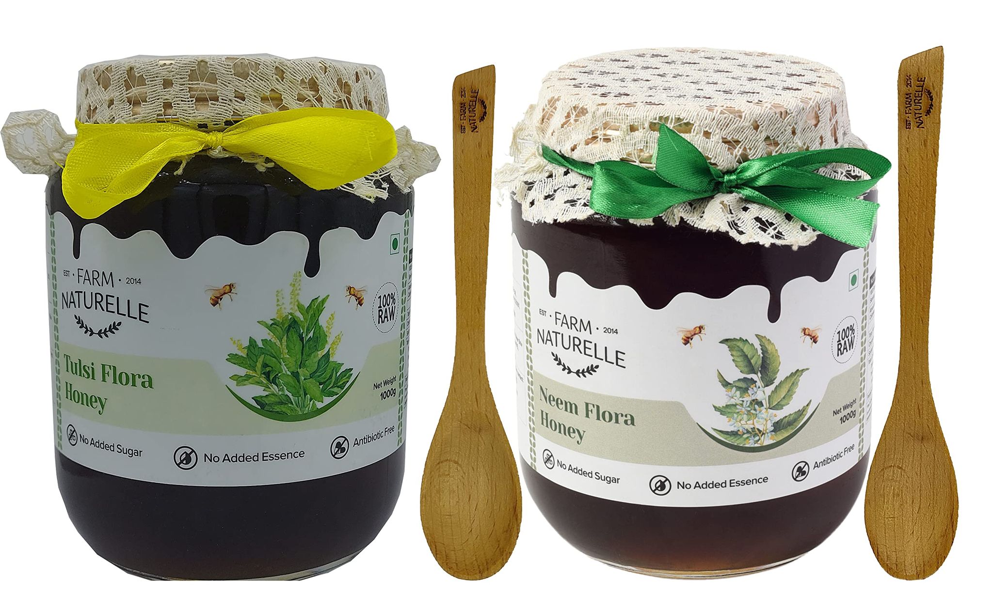 Farm Naturelle -Raw Natural Unprocessed 100% Pure Forest Flower Honey with Huge Medicinal Value. (Neem + Tulsi )(850gm+150gm Extra+Wooden Spoons.) x 2 Sets.