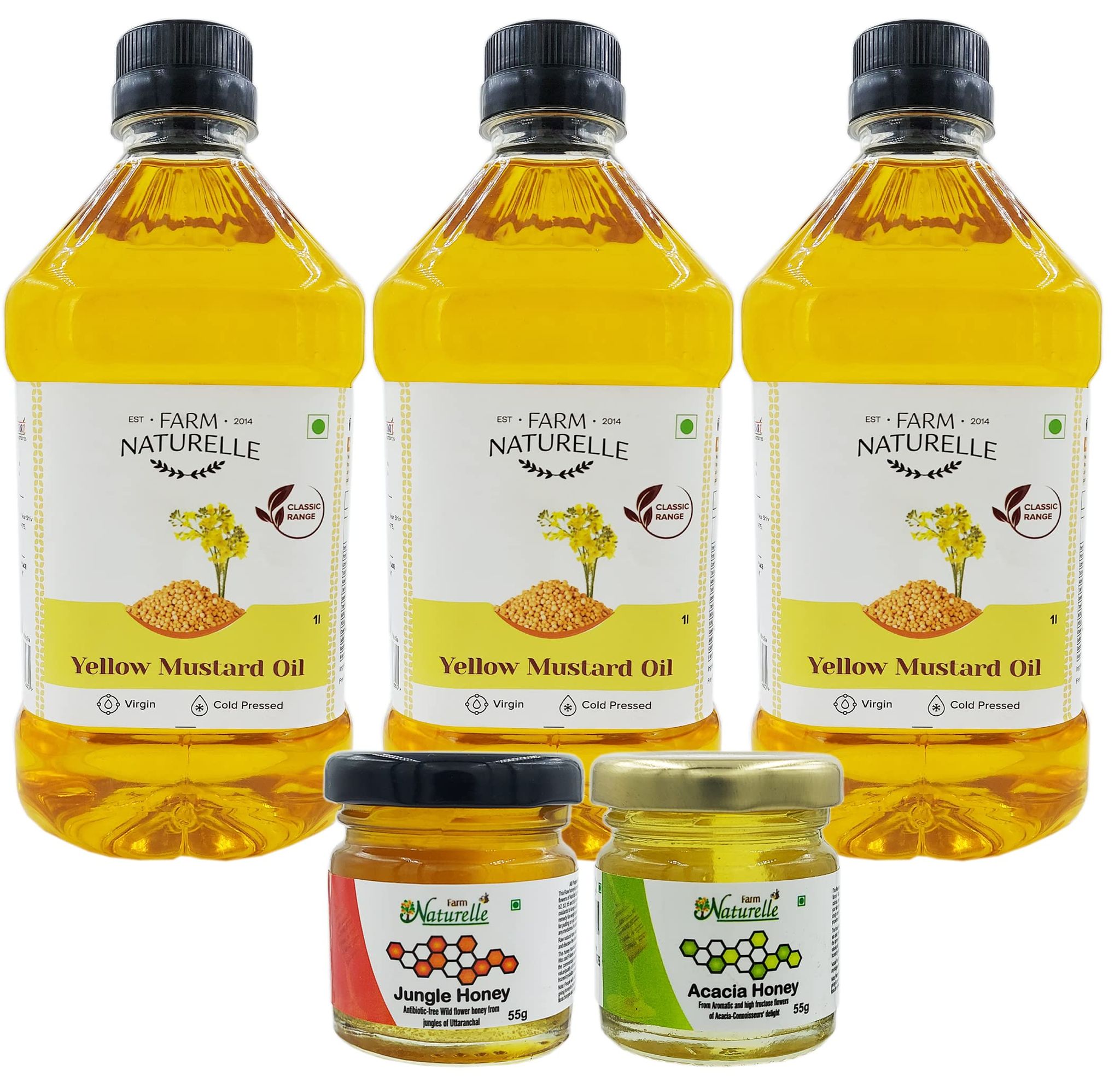 Farm Naturelle Virgin Kachi Ghani Yellow Mustard Oil, 1 LTR. (Pack of 3) with Free tulsi Honey 55gx2