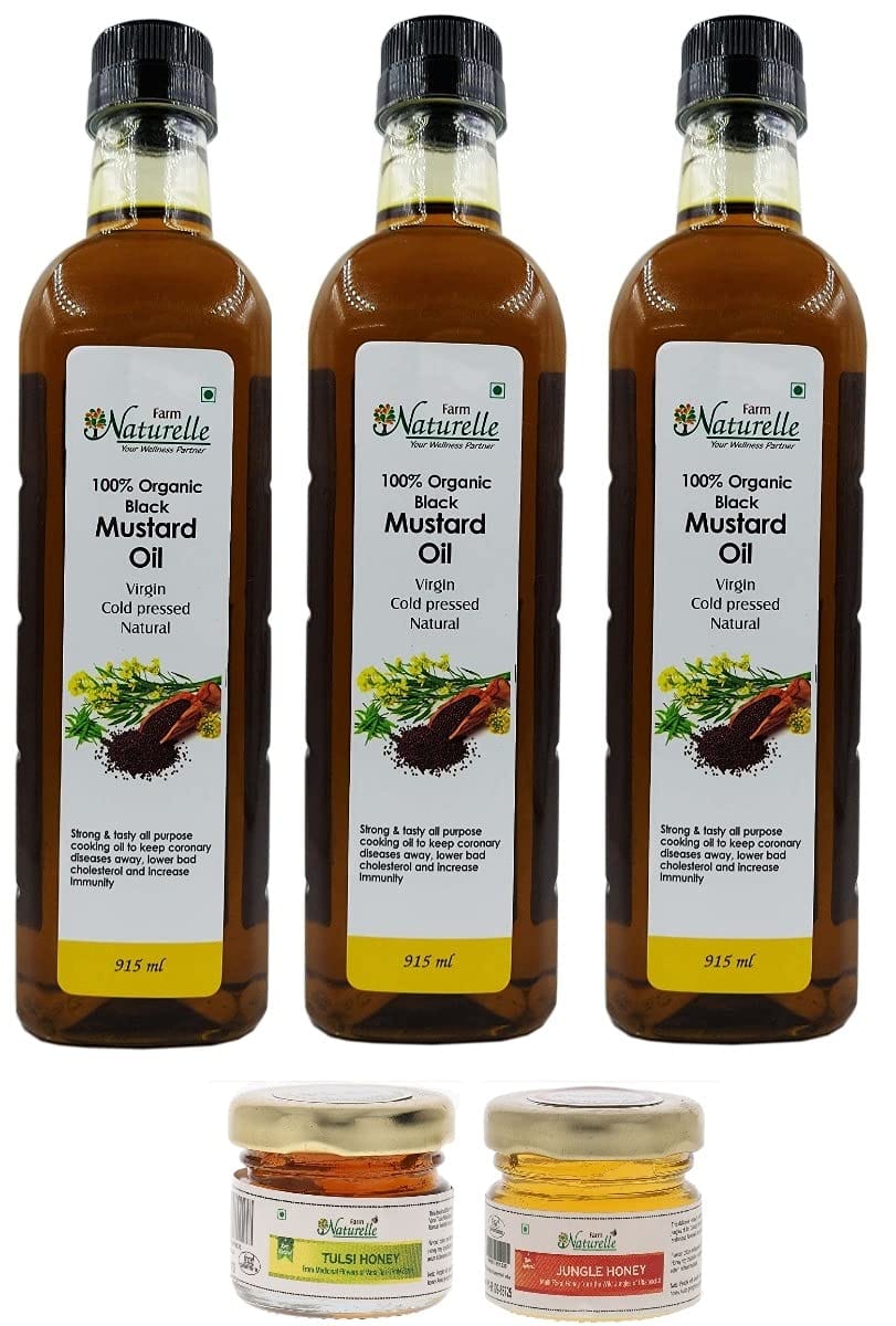 Farm Naturelle-3 Organic Mustard Oils. The Finest-FSSAI & Certified Organic-3 Nos-Cold Pressed Virgin (Kachi Ghani) Mustard Cooking Oil (915 ML x 3) with Free Forest Flower Honey (2x55 GMS)