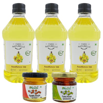 Farm Naturelle Organic Virgin Cold Pressed (Kachi Ghani) Golden Sunflower Cooking Oil Pack (915 ml x 3)+2 nos Free Raw Forest Flower Honey