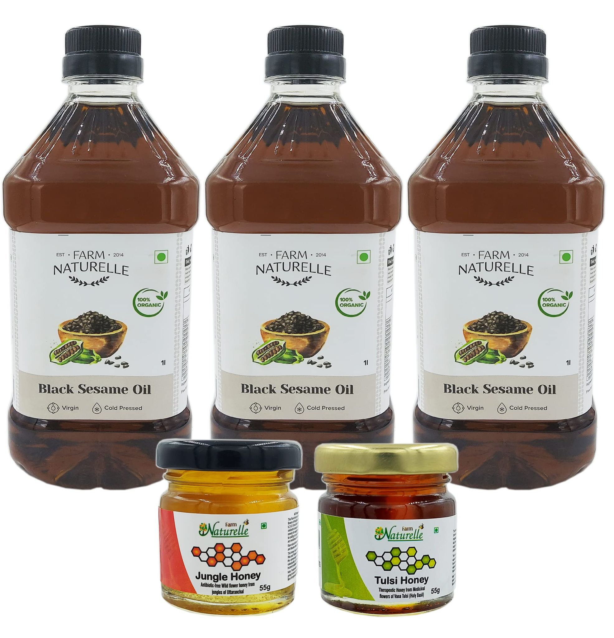 Farm Naturelle-3 Organic Sesame Oil from Black Sesame Seed with 2 nos Free Forest Honey Varieties.The Finest-FSSAI and Organic Certified Cold Pressed Sesame Gingelly Til Cooking Oil (3x1Ltr)