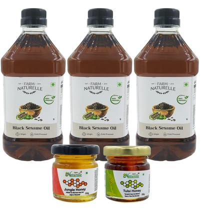 3 Virgin Organic Cold Pressed Black Sesame Seed (Til/Gingelly) Cooking Oil (3x1 LTR)+2 nos Free Raw Forest Honey Varieties (2x55Gms)