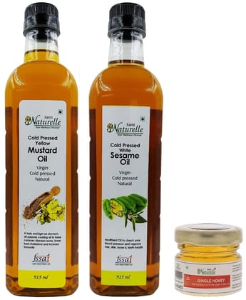 Farm Naturelle (Kachi Ghani-Cold Pressed) Mustard Oil (915ML) & Virgin Sesame/Gingelly Oil (915Ml) and Get a Forest Honey Free