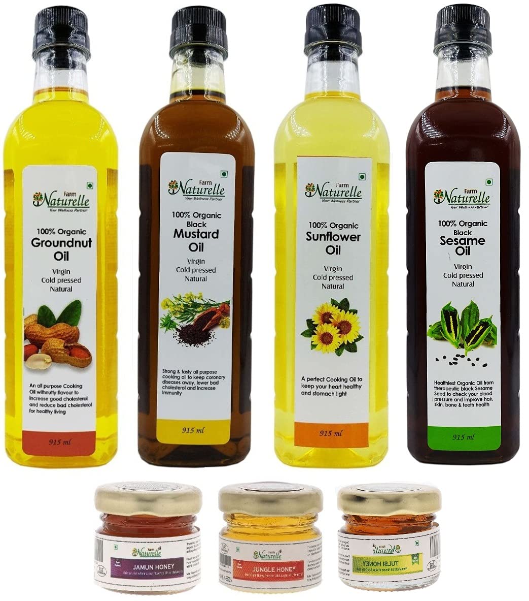 Farm Naturelle-Monthly Oil Pack-4 Oils Organic Cold Pressed Virgin (Kachi Ghani) Mustard Oil, Groundnut Oil (Peanut Oil), Sunflower Oil (Sun Flower Oil) & Black Sesame seed Oil (Gingelly Oil/ Til Oil) 915ml x 4-Free-55gX3 Forest Honey