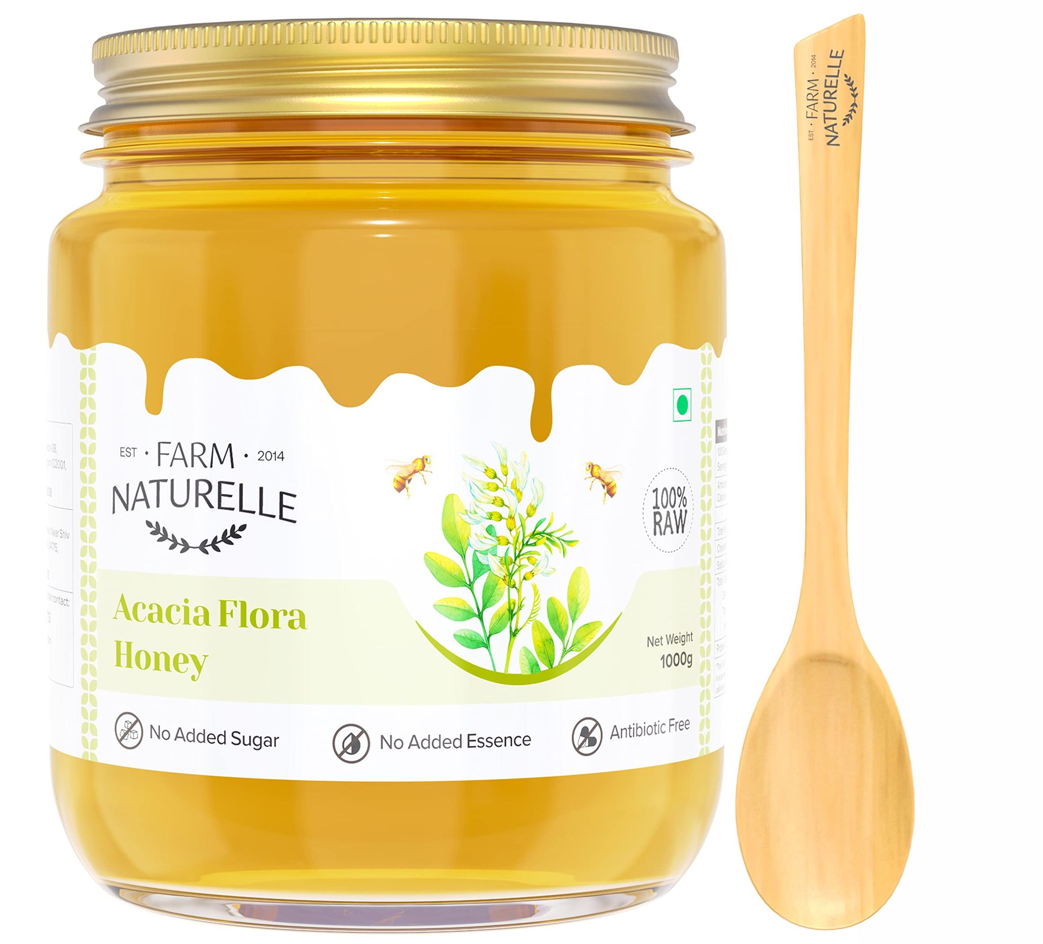 Farm Naturelle-Acacia Flower Wild Forest Honey |850gm+ 150gm Extra and a Wooden Spoon| 100% Pure Honey, Raw Honey - Natural Un-Processed Honey, Un-Heated| Lab Tested Honey in Glass Bottle.